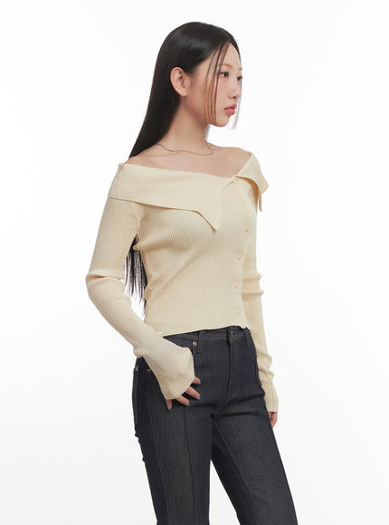 Off-Shoulder Asymmetric Long-Sleeve Knit Top CF525