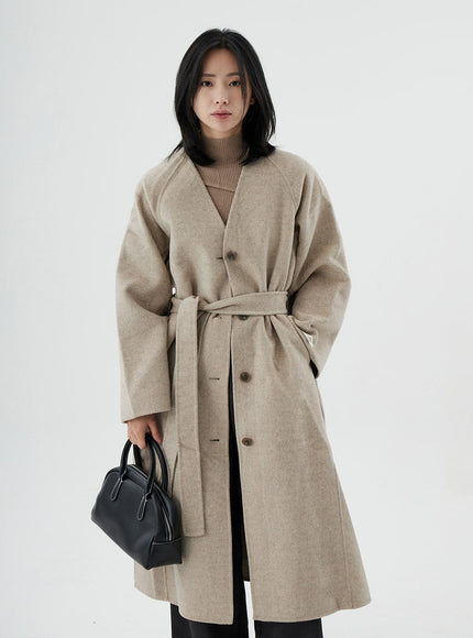 V-Neck Waist Tie Long Coat ON02
