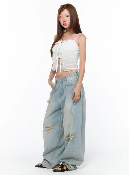 Ramona Distressed Lace Detail Wide Leg Jeans CA515