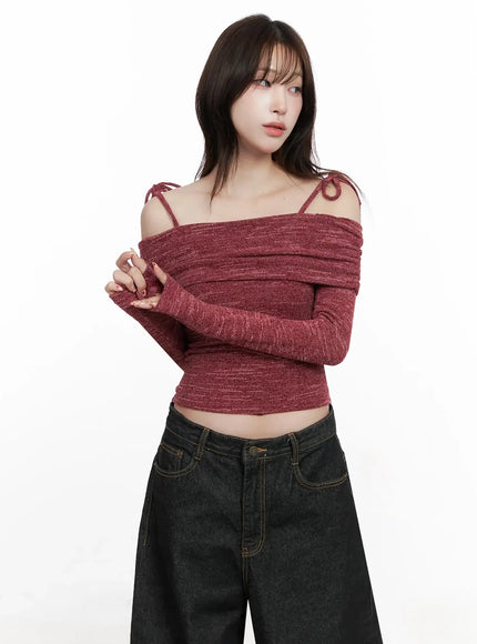 Knit Ribbon Strap Off-Shoulder Top IN514