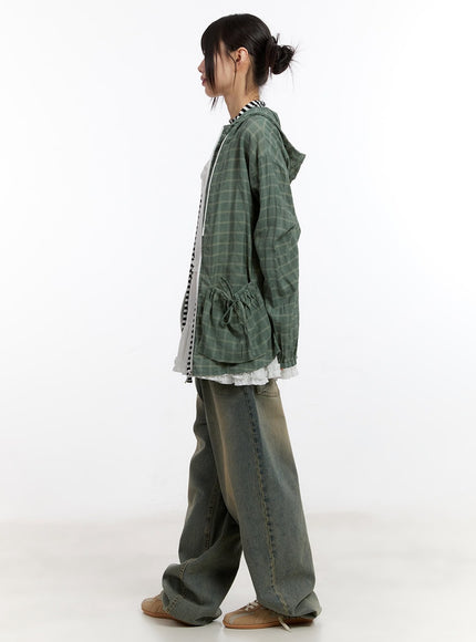 Ribbon Pocket Checkered Hooded Jacket CA508
