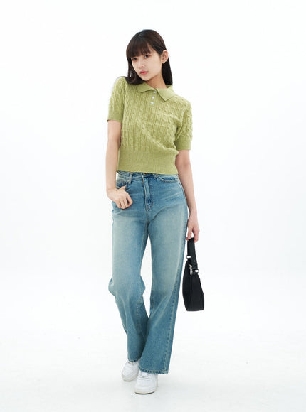 Cable Knit Collared Short-sleeve Sweater CA01