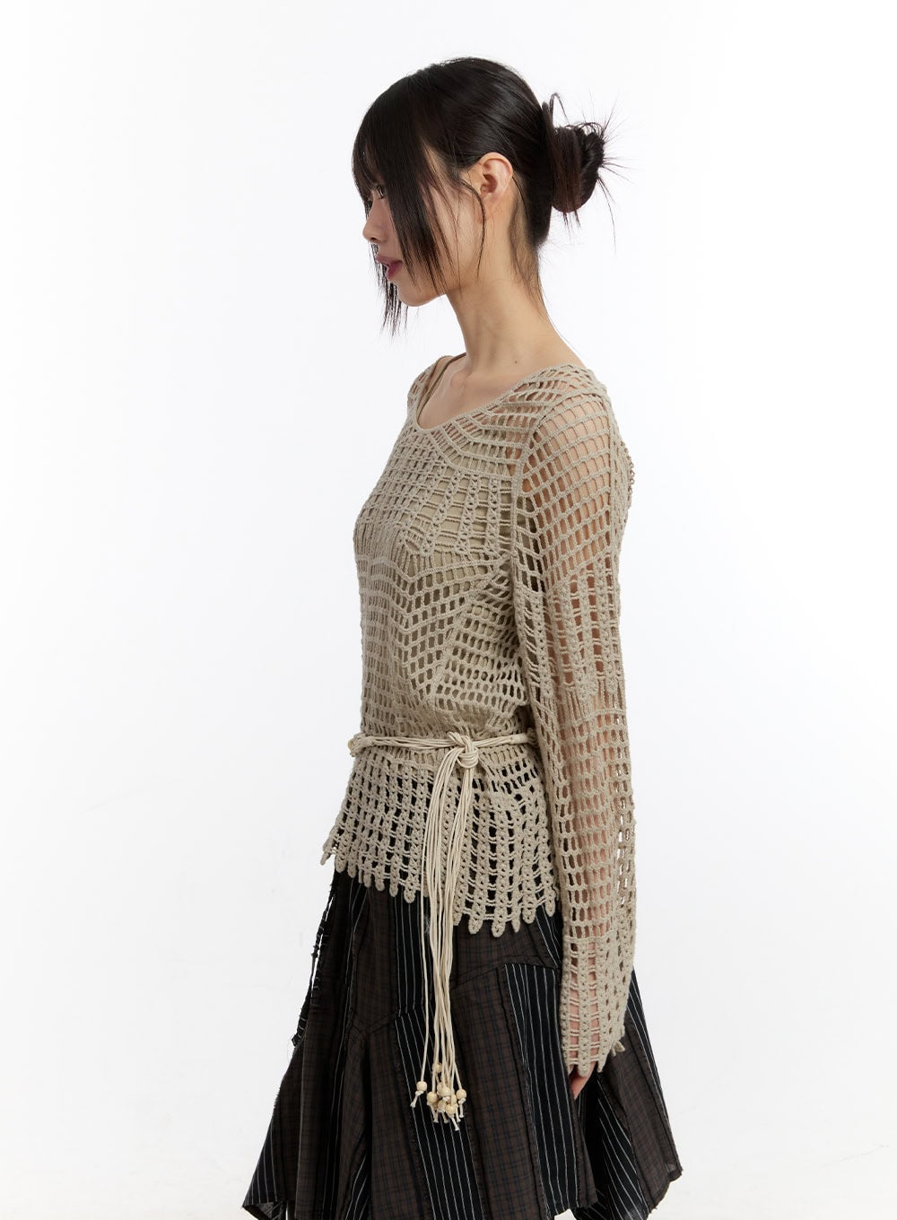 Mesh Knit Sweater with Belt and Tank Top CA508