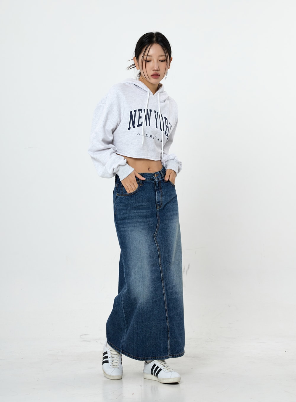 Grid Washing Long Jeans Skirt CS23