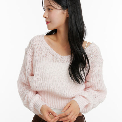 v-neck-crop-open-body-sweater-on320 / Pink