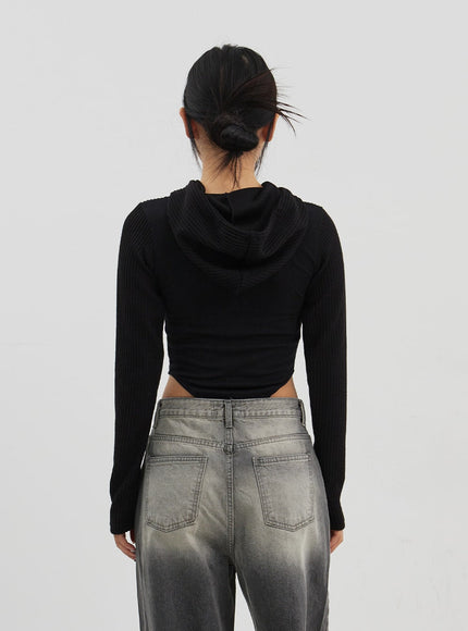 Ribbed Cropped Zip-Up Hoodie CJ330