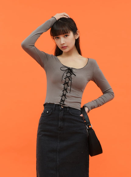 Cropped Long Sleeve Top with Front Lace Detail C1703