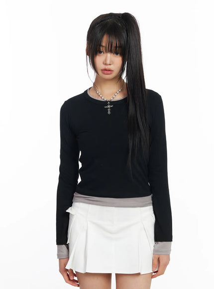 slim-fit-two-tone-long-sleeve-top-cf506-1 / Black
