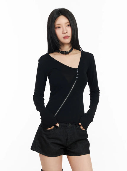 asymmetrical-zip-long-sleeve-shirt-cm517 / Black