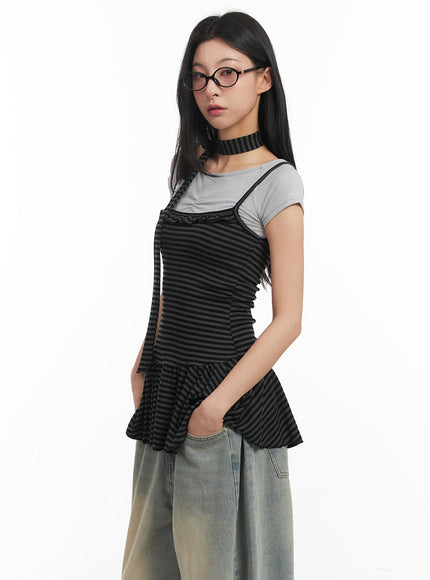 Frilled Stripe Sleeveless Dress & Scarf Set CM504