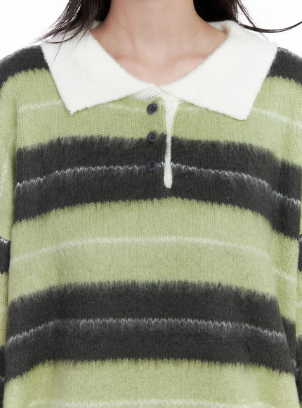 Striped Fuzzy Collared Knit Sweater CS529