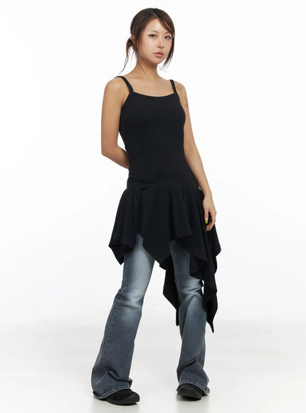 asymmetric-ruffled-edge-sleeveless-mini-dress-cf513 / Black