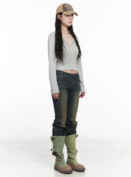 Casual V-Neck Crop Long Sleeve Shirt CN512