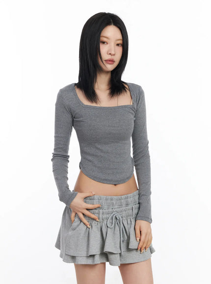 square-neck-long-sleeve-crop-top-cf526 / Gray
