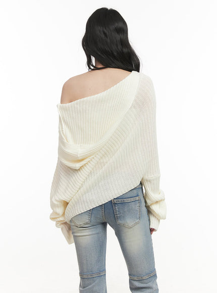 Ribbed Off-Shoulder Hooded Sweater CF513