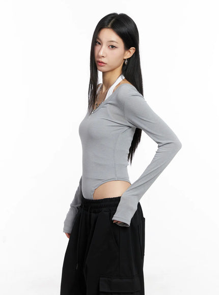 Grey Long Sleeve Bodysuit CC1109