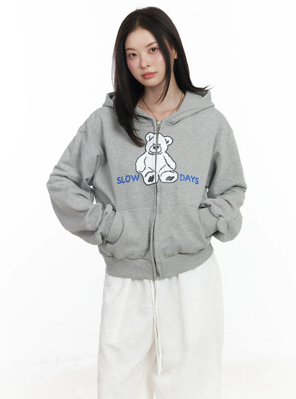 Teddy Bear Graphic Two-Way Zip-Up Hoodie IF525