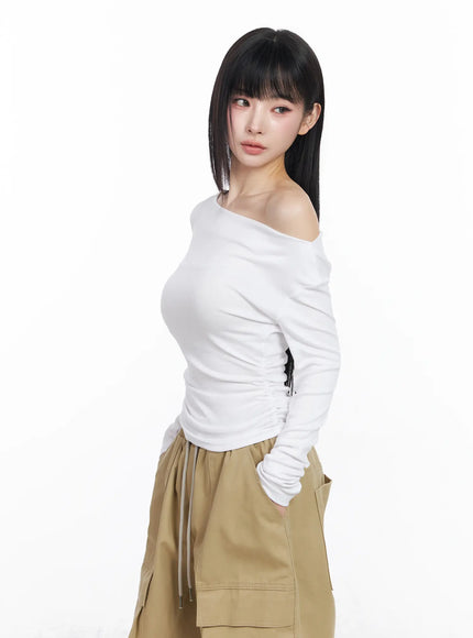 chic-off-shoulder-shirred-blouse-cf519