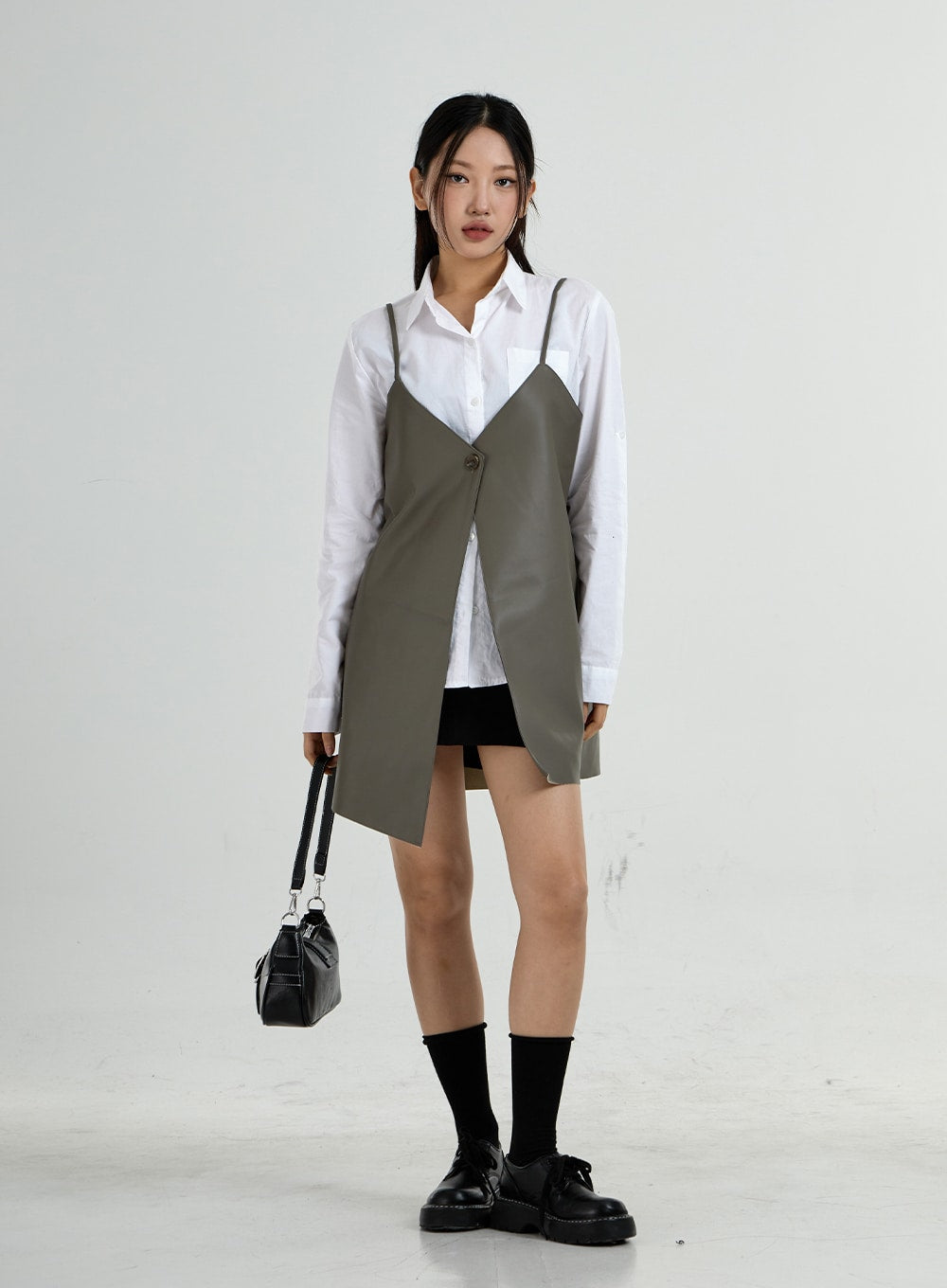 One Button Layered Faux Leather Dress CO24