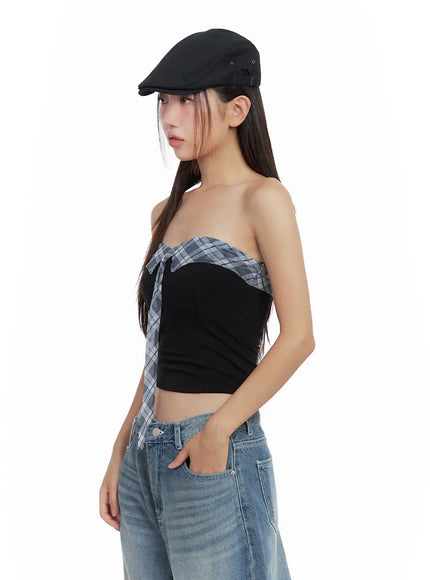 contrast-plaid-tie-tube-top-cl508