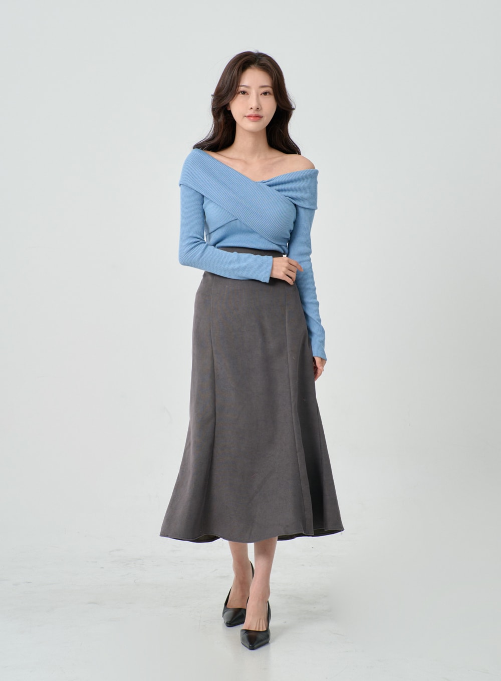 Off-Shoulder Cross Knit Long Sleeve T-Shirt IN07