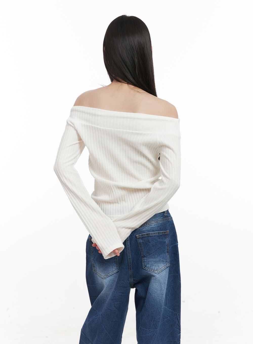 Ribbed Off-Shoulder Long-Sleeve Ribbon Top CJ524