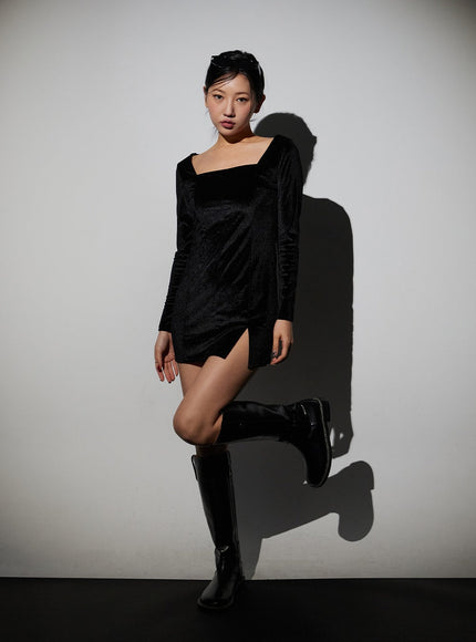 Velvet Side Slit Square Neck Mini Dress CJ311