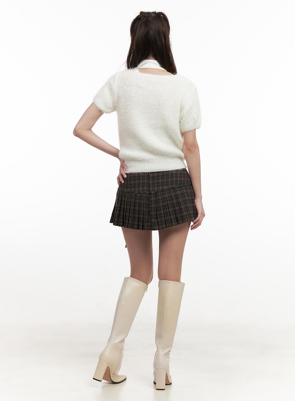 Ribbon Checkered Pleated Mini Skirt CJ514