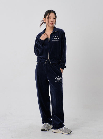 Lettering Embroidery Velvet Two Way Zipper Sweatshirt CN10
