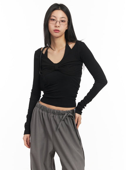 Twist Ribbon Long-Sleeve Crop Top CM503