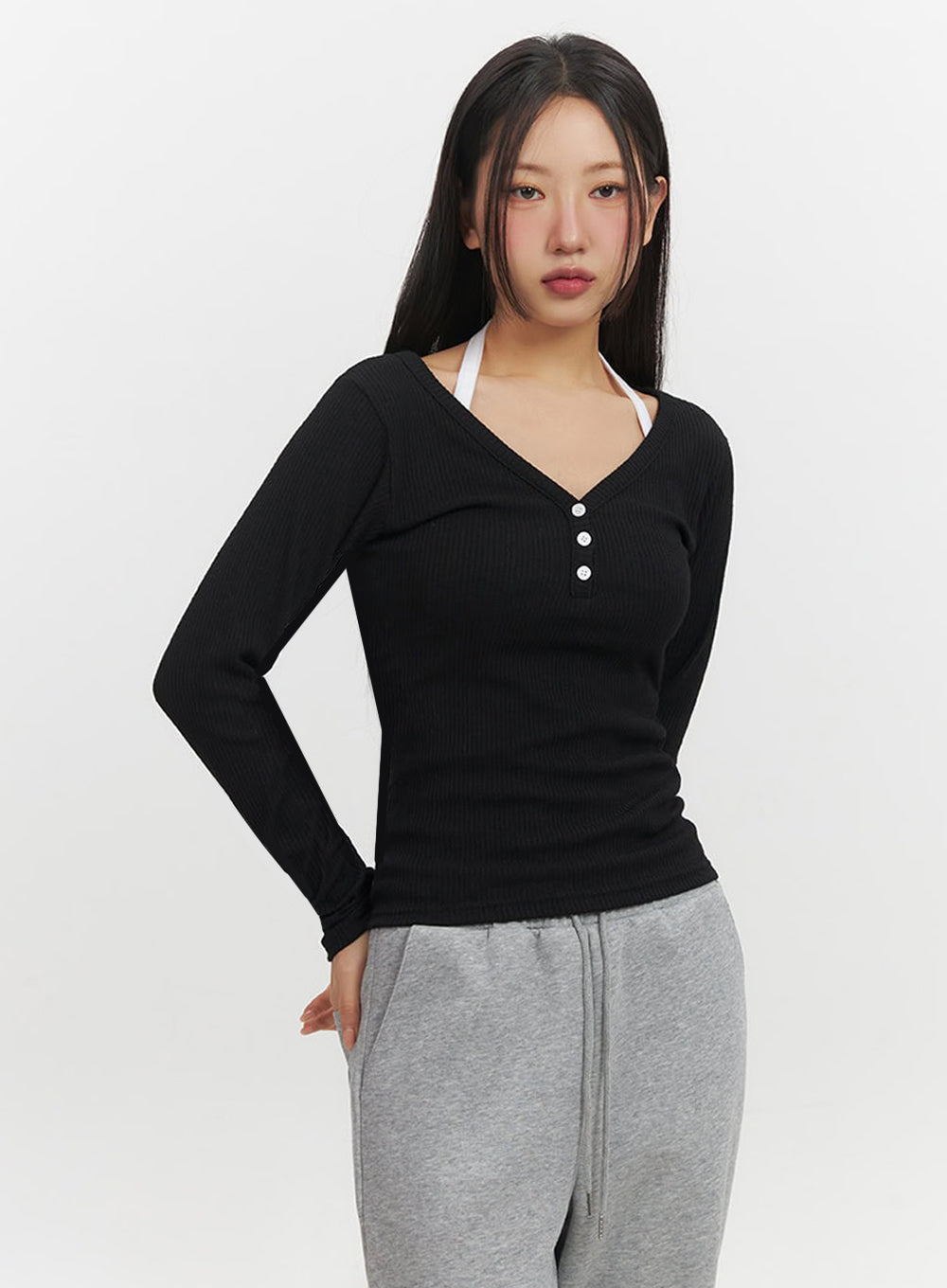 buttoned-v-neck-long-sleeve-top-if510