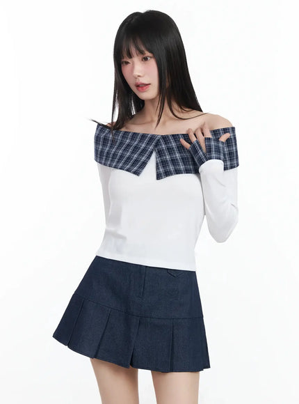 Plaid Off-Shoulder Long Sleeve Top IM523