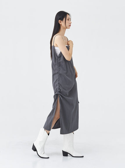 Side Shirring Sleeveless Strap Maxi Dress OG12