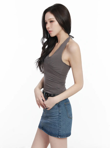 shirred-sleeveless-halter-neck-tank-top-ij528