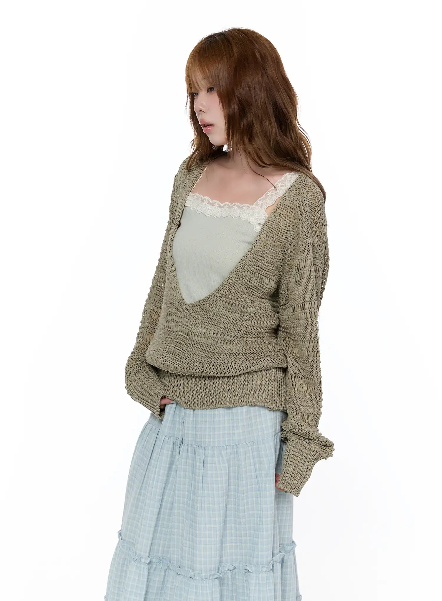 loose-fit-deep-v-neck-knit-cardigan-ca520 / Dark green