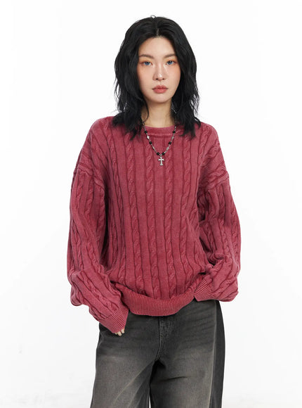oversized-cable-knit-sweater-cj522 / Dark red