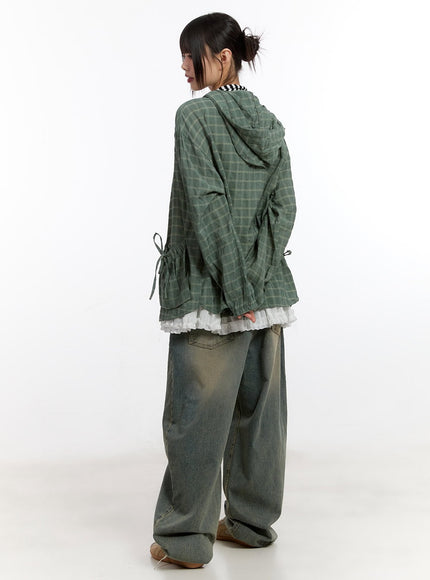 Ribbon Pocket Checkered Hooded Jacket CA508
