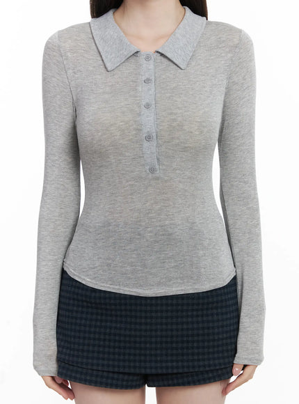 Ribbed Long-Sleeve Collared Shirt CJ507