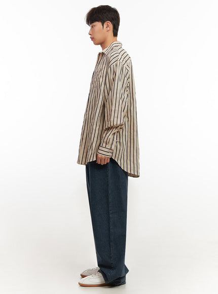 Men's Oversized Stripe Collared Button-Up Shirt IF521