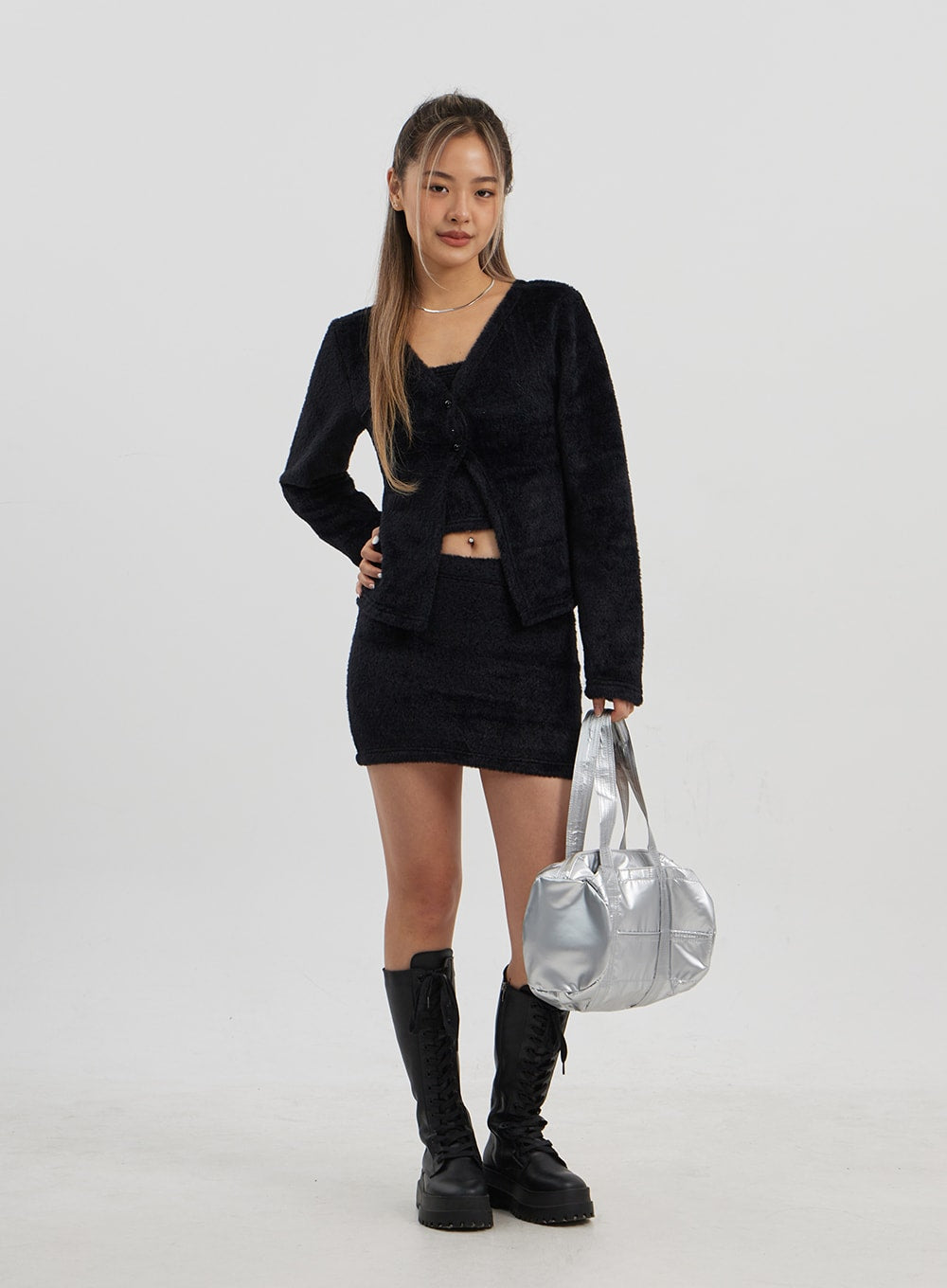 Teddy Cardigan Tube Top And Mini Skirt Set CJ325