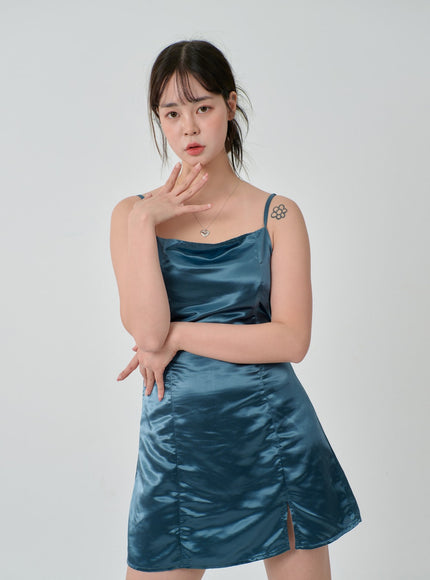Satin Slit Sleeveless Mini Dress ID30