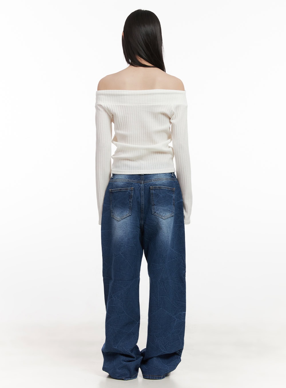 Ribbed Off-Shoulder Long-Sleeve Ribbon Top CJ524