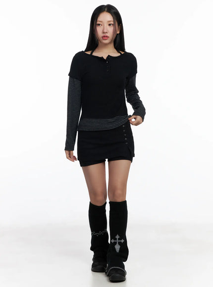 Ribbed Button Mini Skort CJ514