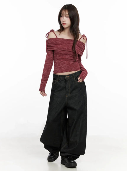 Knit Ribbon Strap Off-Shoulder Top IN514