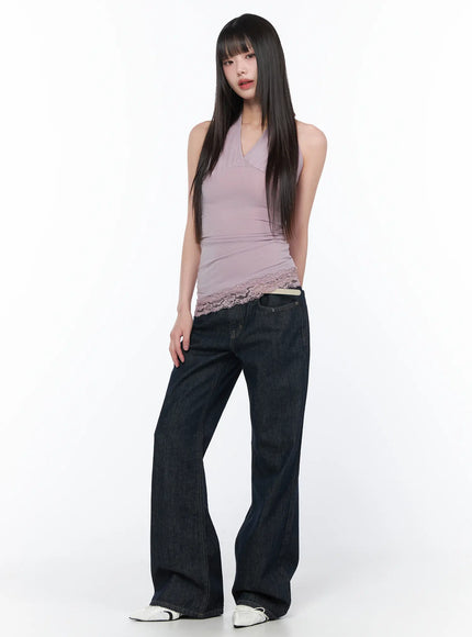 V-Neck Halter Lace Trim Top CA529