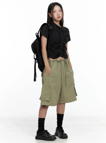 shirred-zip-nylon-short-sleeve-jacket-cl509