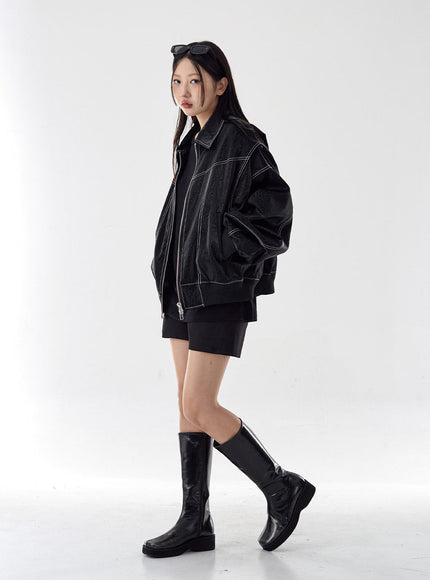 Over Fit Stitch Faux Leather Jacket Unisex CG16