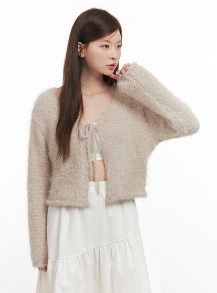 Fuzzy Ribbon Tie Cardigan IJ527