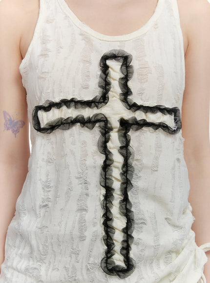 Shirred Lace-Trim Cross Tank Top CF512