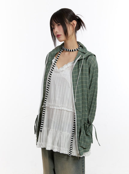 Ribbon Pocket Checkered Hooded Jacket CA508